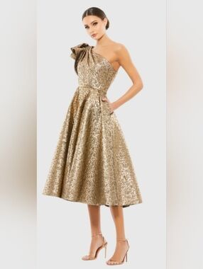 Mac Duggal Gold One Shoulder Bow Midi Dress With Pockets 67906 SZ 12 Womans  NWT
